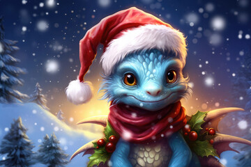 cute blue baby dragon with santa hat, christmas decorations and scarf in the snow, magical illustration