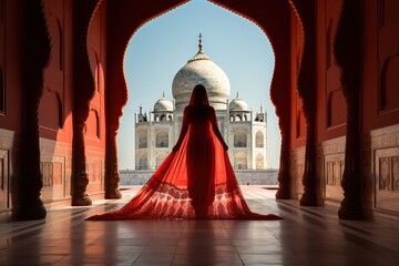 Portrait of young Indian woman model in red sari in Taj Mahal Agra Uttar Pra