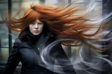 Angry woman with intense gaze and violently styled hair. - obrazy, fototapety, plakaty