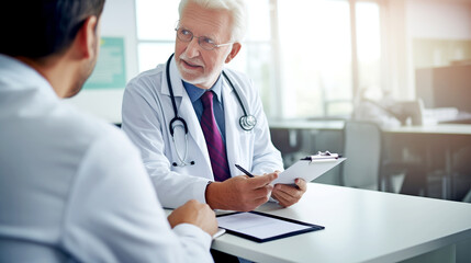 Fototapeta premium MATURE MALE DOCTOR TALKING TO A PATIENT. legal AI