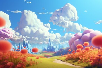 Colorful landscape with animated clouds. 3D artwork. Generative AI