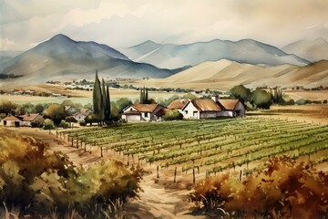 A watercolor-style painting depicting vineyards. Generative AI