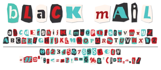 Foto op Plexiglas Ransom halftone collage style letters numbers and punctuation marks cut from newspapers and magazines. Vintage ABC collection. Red, black and white alphabet Typography vector illustration © zzayko