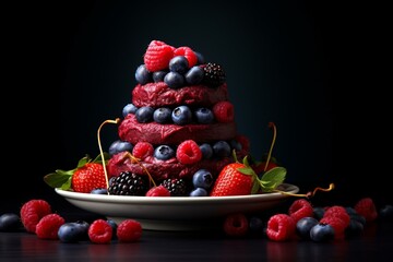 A stack of mixed berries and blueberries on a dark backdrop. Generative AI