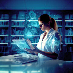 WOMAN DOCTOR USES NEW MEDICAL TECHNOLOGY. legal AI