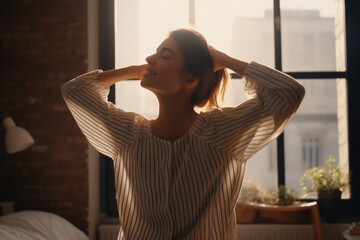 Beautiful Caucasian Woman Waking up in the Morning, Stretches, Gets Out of Bed, Sun Shines From the Apartment Window into Bedroom, Ready for Business Achievements, Seize the day