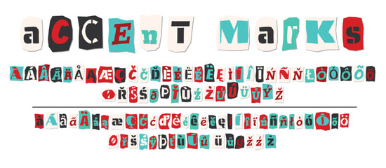 Ransom halftone collage style letters numbers and punctuation marks cut from newspapers and magazines. Vintage ABC collection. Red, black and white alphabet Typography vector illustration