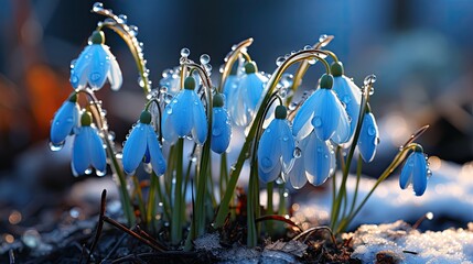 Wonderful fantasy magical bioluminescent snowdrop flowers. Snowdrop flowers glow in the dark 3d wallpaper. Surreal night forest with glowing spring snowdrops in the snow. 3D rendering. Generative ai.