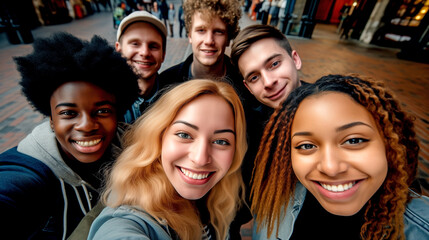 MULTIETHNIC HAPPY GROUP OF YOUNG PEOPLE TAKING SELFIE. legal AI