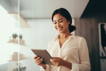 Beautiful smiling Asian businesswoman reading something on a digital tablet while standing in a modern office