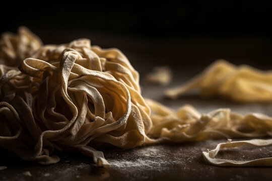 Photograph, extreme close-up of uncooked Tagliatelle pasta, showcasing its texture and details, soft natural lighting, macro photography style