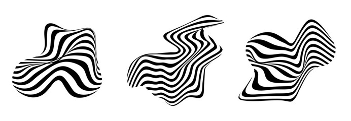 Abstract striped optical illusion. White and black isolated wavy stripes. Brutalism trendy aesthetics design. Vector flat illustration on white background.