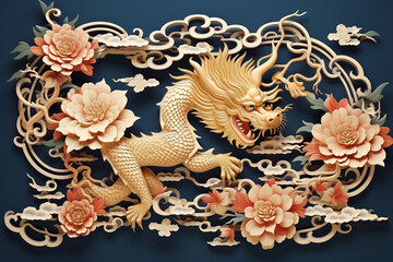 Paper cut of Chinese dragon statue with flower decoration on blue backgroun