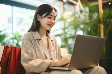 Beautiful young Asian woman using laptop for online shopping purchased at home