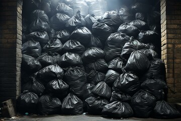 Stacked garbage bags for recyclables. Generative AI