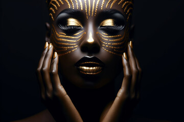 Beauty woman black skin color body art, gold makeup lips eyelids, fingertips nails in gold color paint, Professional gold makeup - obrazy, fototapety, plakaty