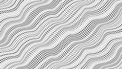 Background with wavy square dots. Twisted duo tone backgrounds. Abstract pattern from lines, halftone effect. Black and white texture. Minimalist design template for poster, banner, cover, postcard.