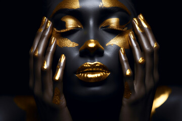 Beauty woman black skin color body art, gold makeup lips eyelids, fingertips nails in gold color paint, Professional gold makeup