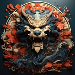 Chinese Dragon art logo. Dragon print, banner, poster, tattoo color art. New Year 2024 Chinese Dragon. Illustration of the mythical animal dragon. Generative ai