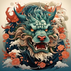 Chinese Dragon art logo. Dragon print, banner, poster, tattoo color art. New Year 2024 Chinese Dragon. Illustration of the mythical animal dragon. Generative ai