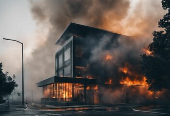 AI generated illustration of A large industrial building on fire in an abandoned urban area