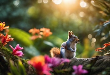 AI generated illustration of A brown squirrel perched on a tree branch with a blurry background