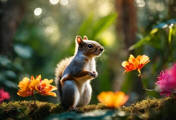 AI generated illustration of A brown squirrel perched on a tree branch with a blurry background - obrazy, fototapety, plakaty