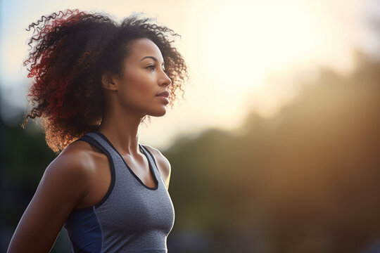Black woman, exercise or tired after training, running or workout for balance, wellness or health outdoor, Sky, African American female, runner or athlete relax, breathing or focus for cardio or rest