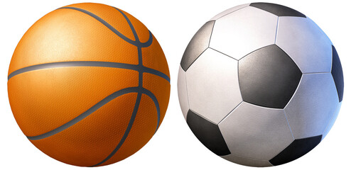 Generic sport balls used in the sports of  basketball and soccer or football. 3D illustration 