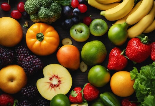 AI generated illustration of A vibrant arrangement of fresh fruits and vegetables on a surface