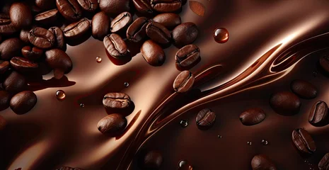 Fotobehang  Banner coffee beans on brown satin fabric. Coffee beans isolated on a brown background. Coffee chocolate background. Aromatic coffee with chocolate background. Generative ai © Nataly G