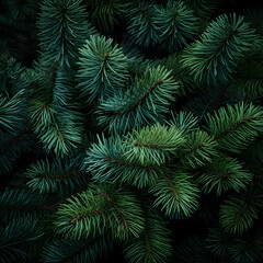 Fir branches green needle abstract background Christmas texture. Square composition.