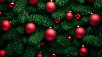 Obraz na płótnie Canvas Fir branches and red balls and baubles green needle abstract background Christmas texture. Horizontal composition.
