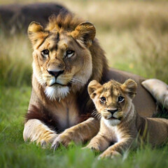 Lioness with a lion cub on the grass. Created using generative AI tools