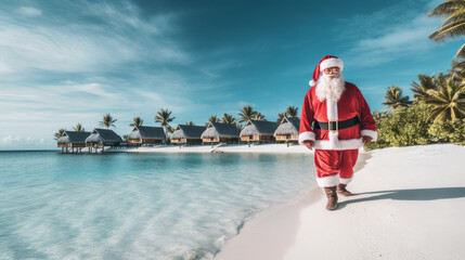 Santa Claus in the Maldives, where there is a quiet and calm lagoon with crystal clear azure water and palm trees. Merry Christmas and Happy New Year concept. - obrazy, fototapety, plakaty