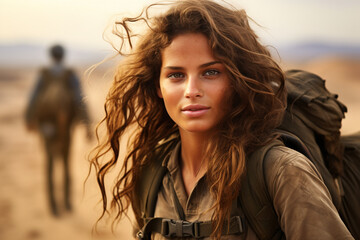 Beautiful girl in military uniform with a weapon. Portrait of a girl soldier. War, military conflict