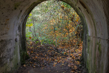 Fototapeta na wymiar exit from the abandoned tunnel of the concrete fortification of the First World War, forts-fortresses