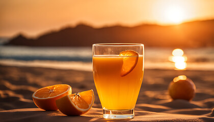  A full glass of orange juice surrounded by slices sits upon a sandy beach, basking in the warm glow of sunset in an inviting and refreshing coastal scene - obrazy, fototapety, plakaty