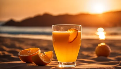 Foto op Aluminium  A full glass of orange juice surrounded by slices sits upon a sandy beach, basking in the warm glow of sunset in an inviting and refreshing coastal scene © Simo