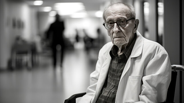 Fototapeta The shortage of doctors leaves the elderly man waiting sadly for medical assistance at the hospital