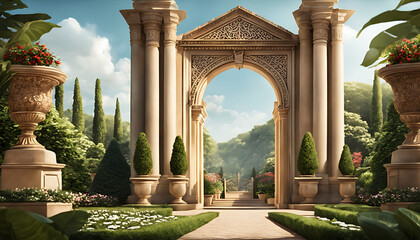 A grand stone gate stands within a lush garden, its arched entrance intricately carved and flanked by tall pillars under a sunny sky - obrazy, fototapety, plakaty