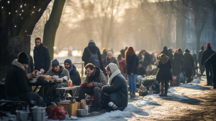 Positive homeless people sitting at a table in a noisy cafeteria, in a homeless park, surrounded by other people. Christmas, poverty and hunger concept. - obrazy, fototapety, plakaty