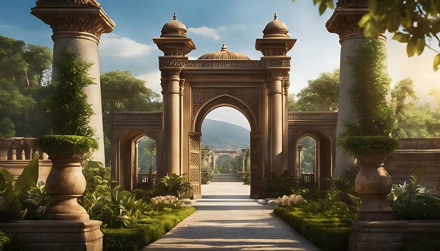 A grand stone gate stands within a lush garden, its arched entrance intricately carved and flanked by tall pillars under a sunny sky