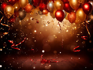 Image of red and gold balloons on a brown tone background with bokeh Generative AI