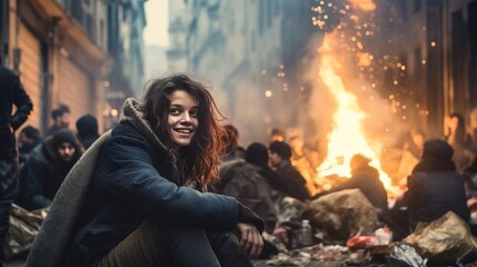 A girl is sitting on the ground among the city streets, surrounded by other people. Christmas, poverty and hunger concept.