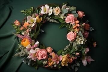 Decorative flower arrangement with a circular wreath, bouquet, ribbon, leaves, and blossoms. Generative AI