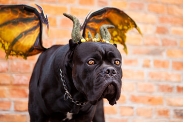 Black Cane Corso dog in a dragon costume with wings and horns on the background of a brick wall....