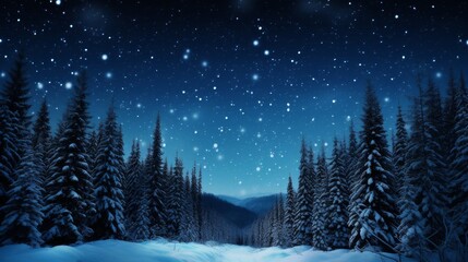 Fototapeta na wymiar Winter forest with snow, sky and stars at night. Christmas and New Year concept.