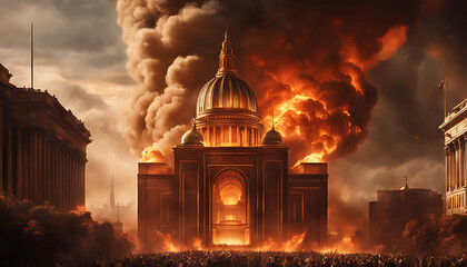 In a smoky animated city, a large, imposing building blazes with raging flames. Billowing clouds engulf the towering structure in this fiery spectacle