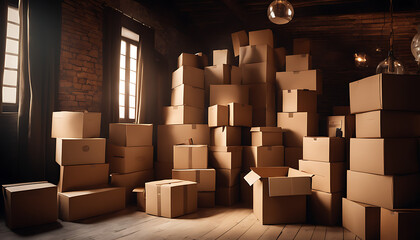  A small room is filled nearly floor to ceiling with a towering pile of cardboard boxes in various shapes and sizes, depicting a cluttered space in need of organization